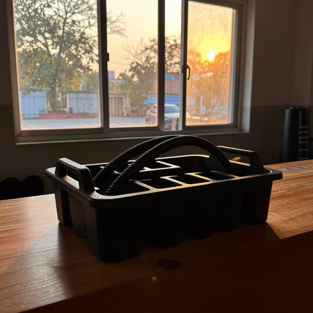 Silhouetted Recovery Boot Hose Caddy at Gym Desk in at a gym check-in desk in Patna