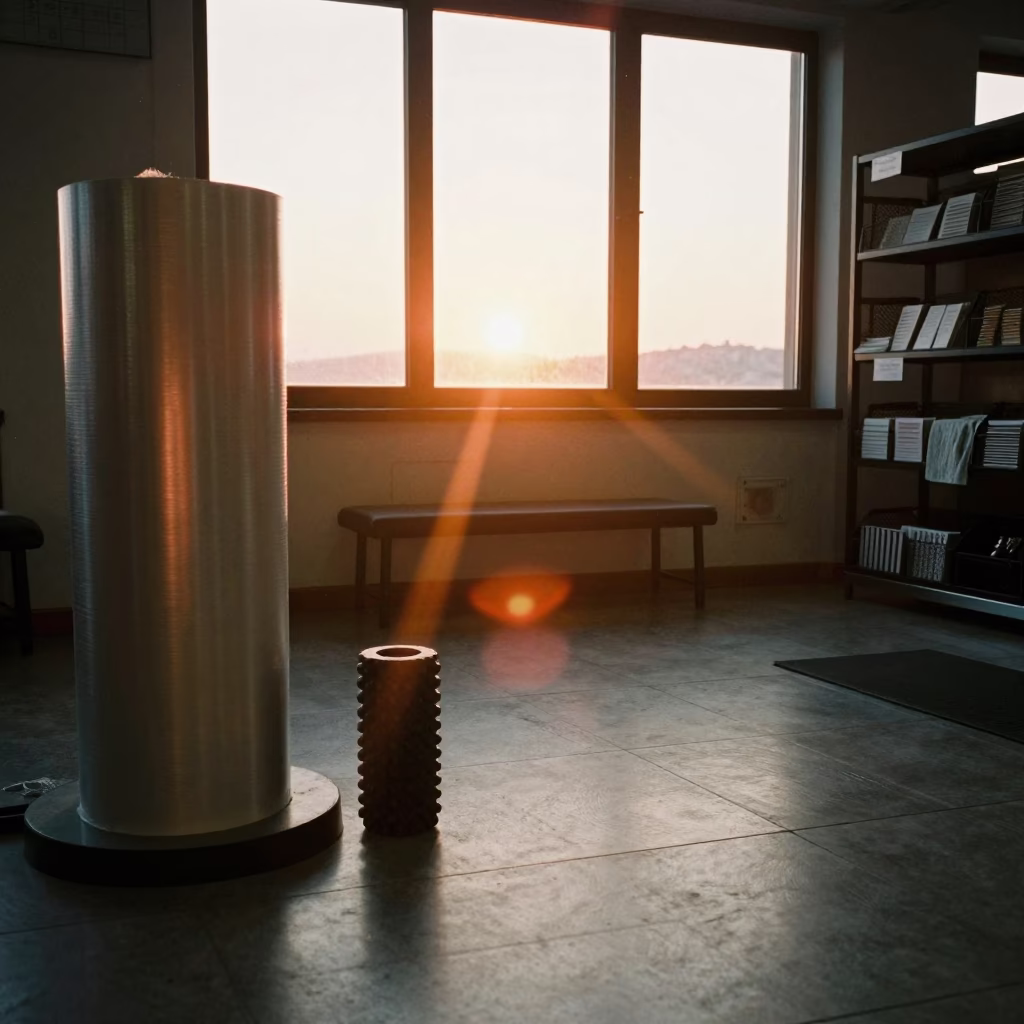 Silhouetted Recovery Table Stand in Golden Hour Light in inside a recovery lounge beside foam rollers in Balat, Istanbul