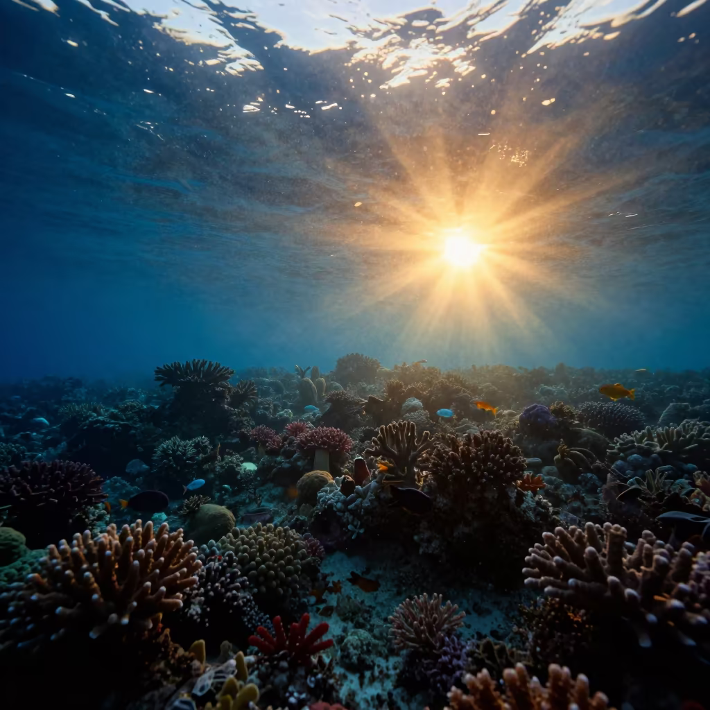 Silhouetted Reef Ledge at Golden Hour Sunset in beneath a reef ledge in tropical shallows near Cebu