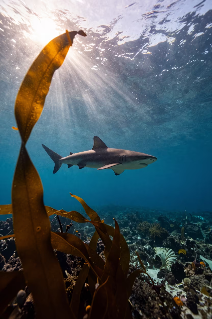 Silhouetted Reef Shark in Belize Monsoon Light in beside a volcanic reef overhang near Belize City
