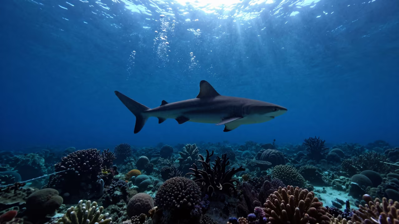 Silhouetted Reef Shark Above Coral Drop Off in along a coral wall with blue water beyond near Cebu