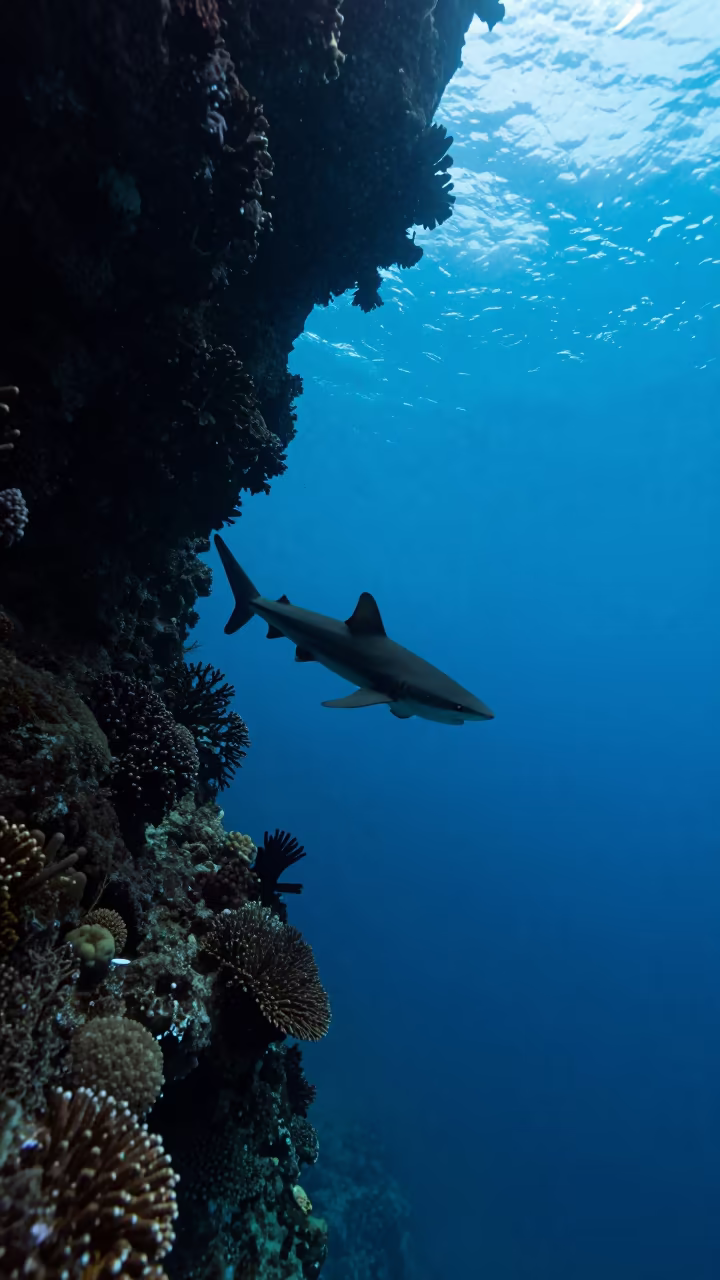 Silhouetted Reef Shark Patrolling Volcanic Coral Wall in beside a volcanic reef overhang near Zanzibar