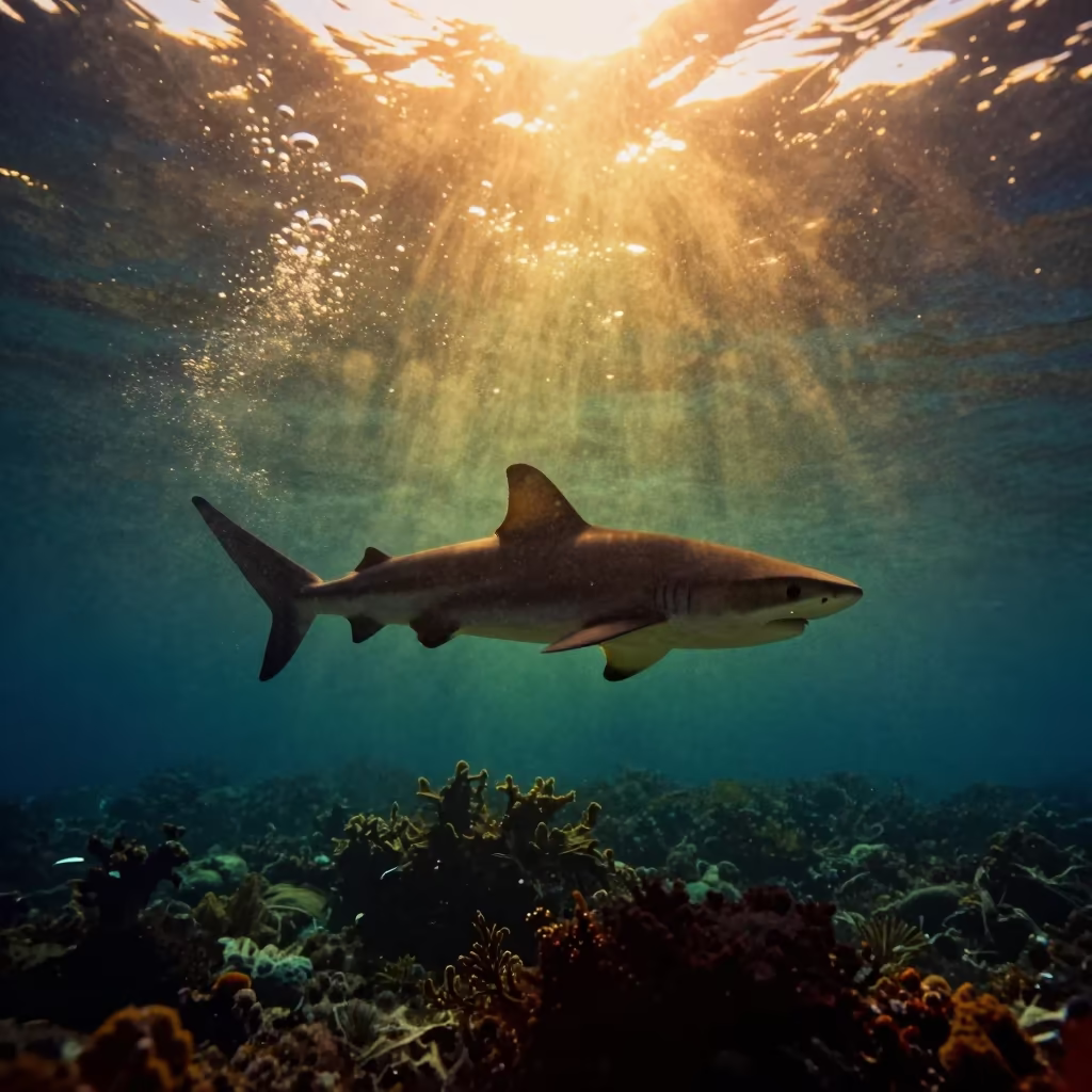 Silhouetted Reef Shark Over Volcanic Drop Off in beside a volcanic reef overhang near Stone Town