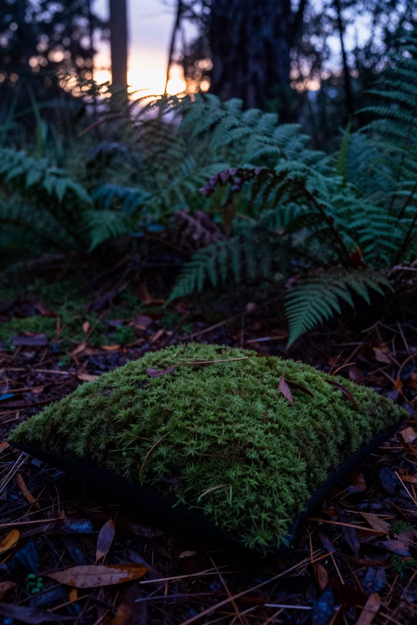Silhouetted Reindeer Moss in Twilight Forest in on a fern-lined forest floor near Pietermaritzburg