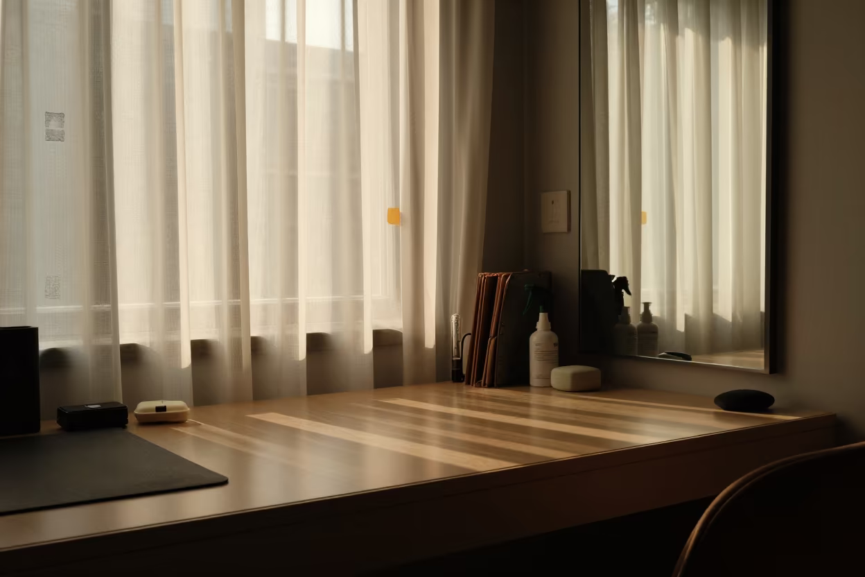 Silhouetted Repair Tin on Yoga Studio Desk in inside a yoga studio before the session begins near Beijing Road, Guangzhou