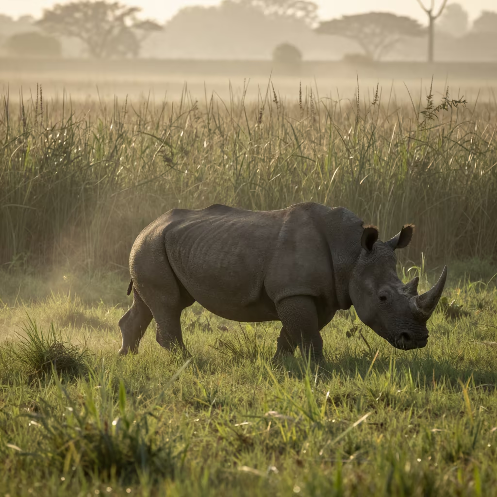 Silhouetted Rhino Charging Through Dawn Mist in at the edge of a reed bed near Cedofeita, Porto