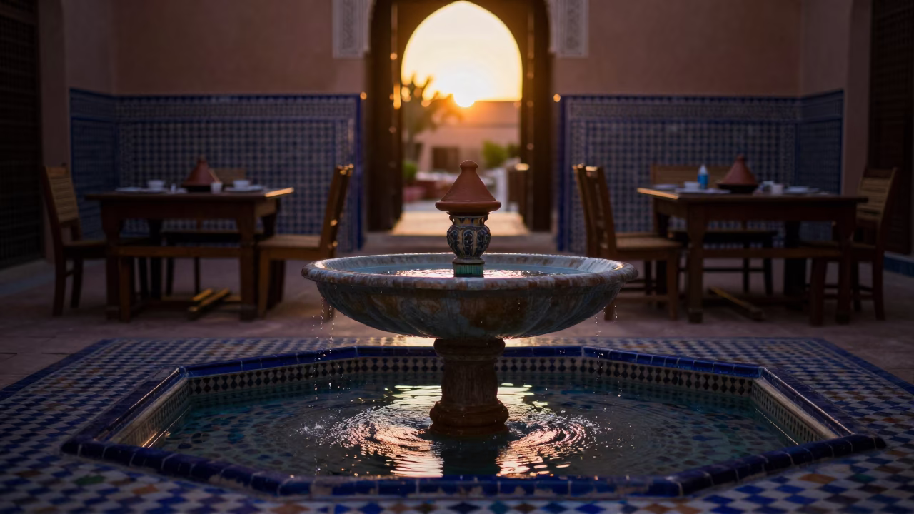 Silhouetted Riad Breakfast Terrace Fountain Sunset in beside a tiled courtyard fountain in Marrakech