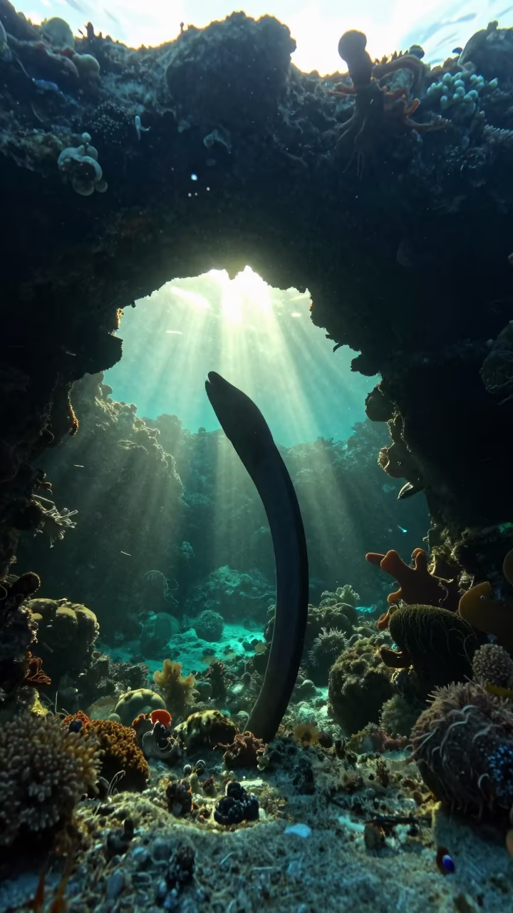 Silhouetted Ribbon Eel in Zanzibar Reef Dawn in beneath a reef ledge in tropical shallows near Zanzibar