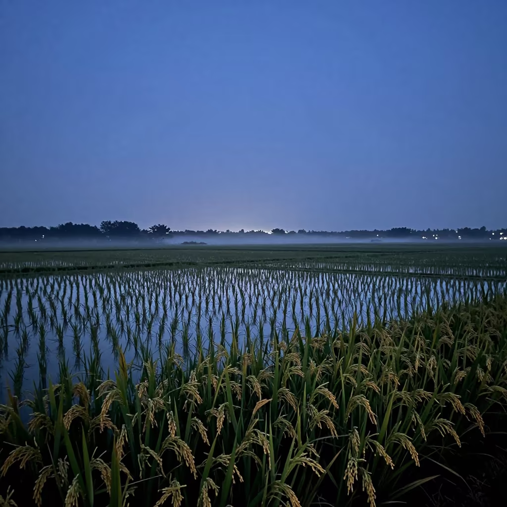 Silhouetted Rice Paddies Reflect Evening Sky in in a bloom-heavy meadow near Oran