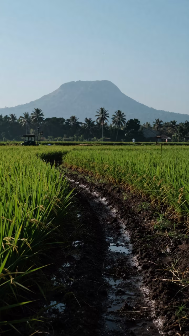 Silhouetted Rice Seedlings in Pettah Storm Light in beside a tractor track through dark soil in Pettah, Colombo