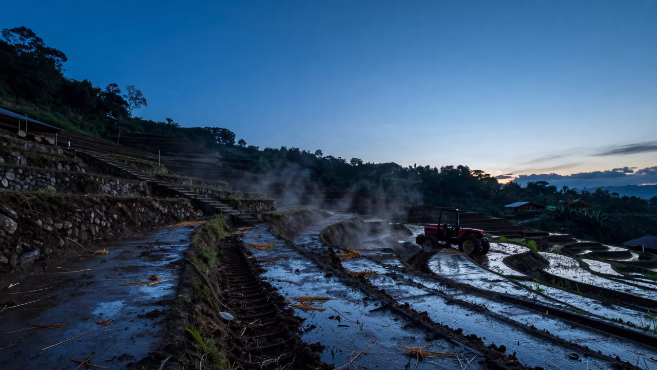 Silhouetted Rice Terrace Stairs at Blue Hour in beside a tractor track through dark soil in Costa Rica