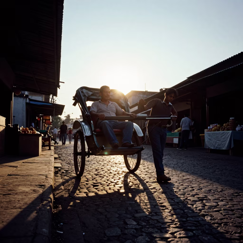 Silhouetted Rickshaw Puller in Guatemala City Shade in along a market lane in Guatemala City