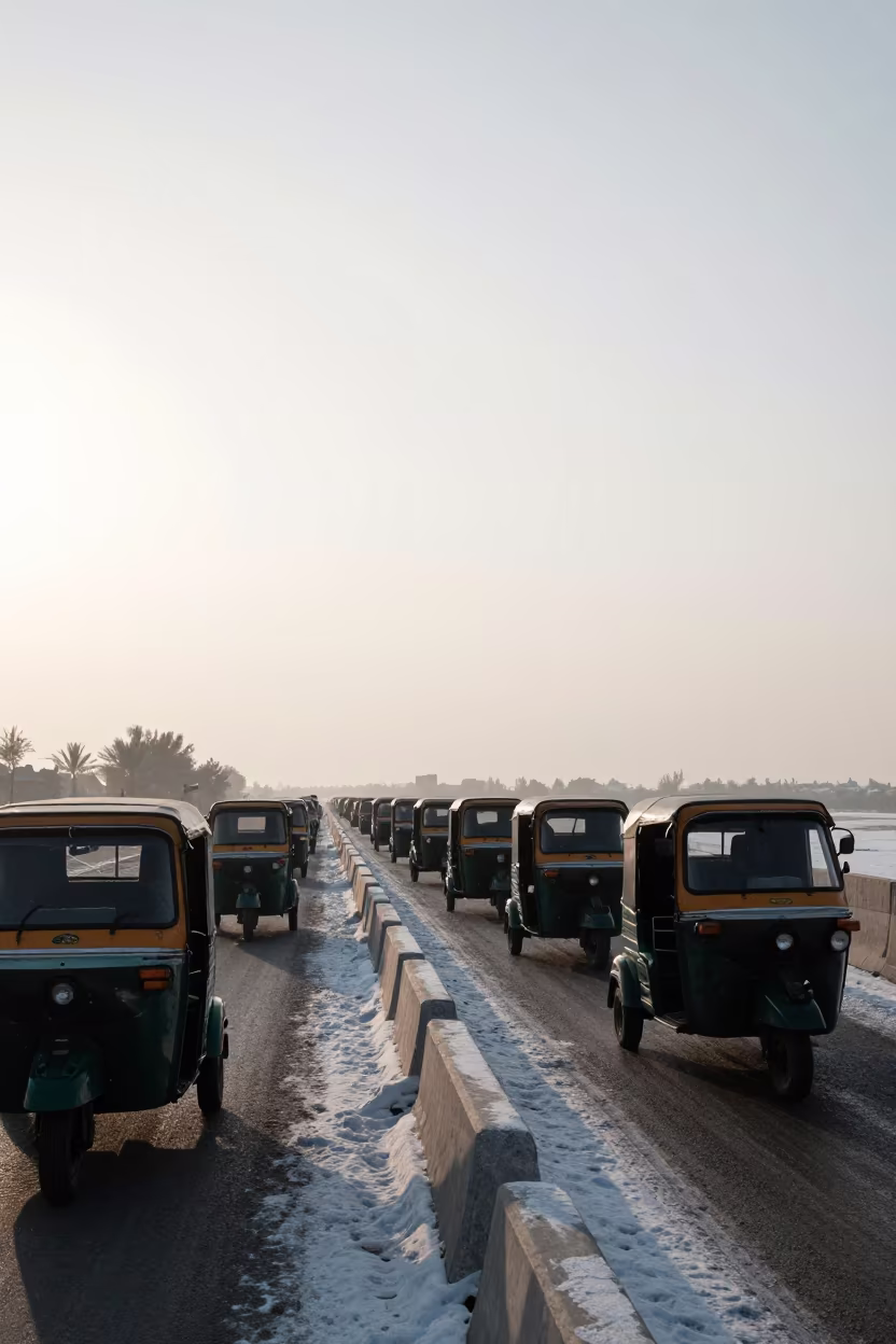 Silhouetted Rickshaw on Quetta Causeway in Snow in on a wind-open causeway near Quetta