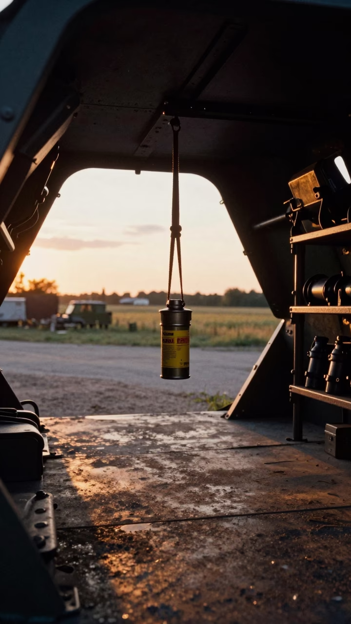 Silhouetted Rifle Sling Tin in Romanian Bay in in an armored vehicle bay in Romania