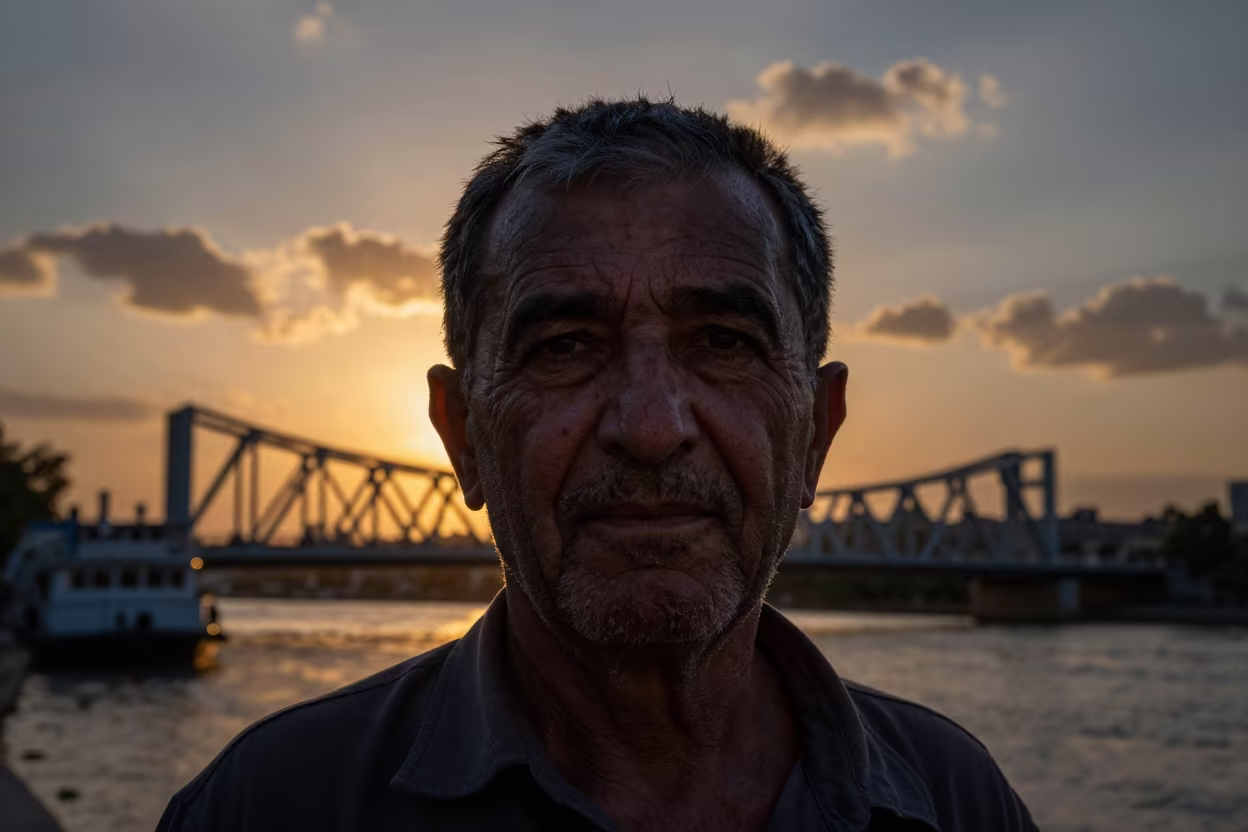 Silhouetted Riverboat Captain at Tabiat Bridge Sunset in at a public square in Tabiat Bridge, Tehran
