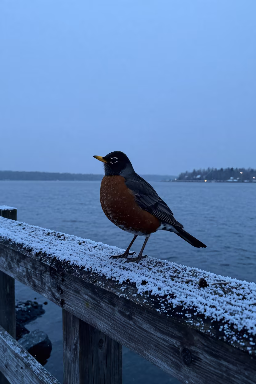 Silhouetted Robin on Frosty Branch at Twilight in beside a tidal inlet in New York