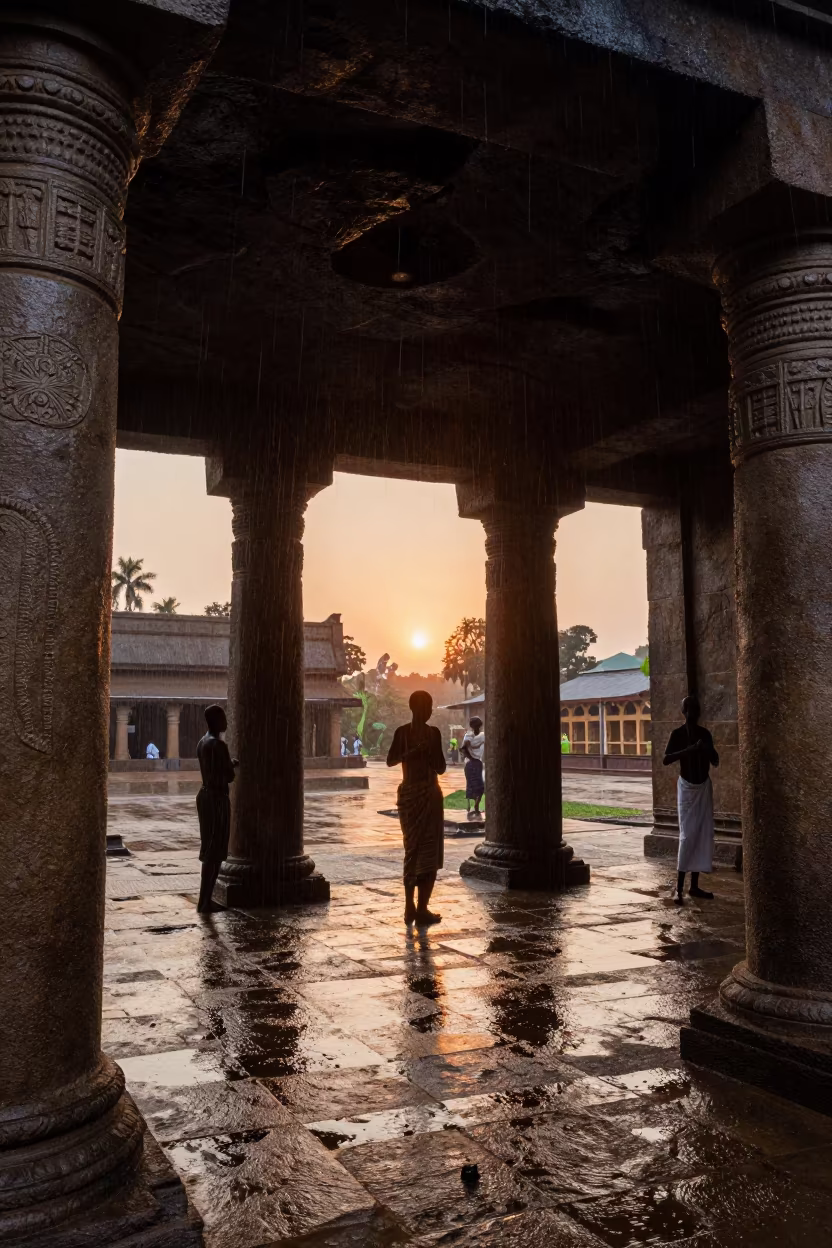 Silhouetted Rock Church Columns in Kinshasa Rain in in a temple courtyard in Kinshasa