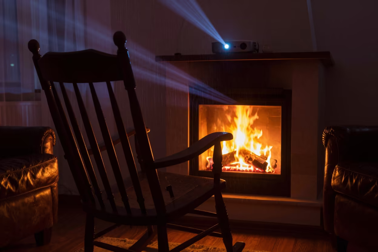 Silhouetted Rocking Chair in Beirut Monsoon Night in on a worn leather armchair near Beirut