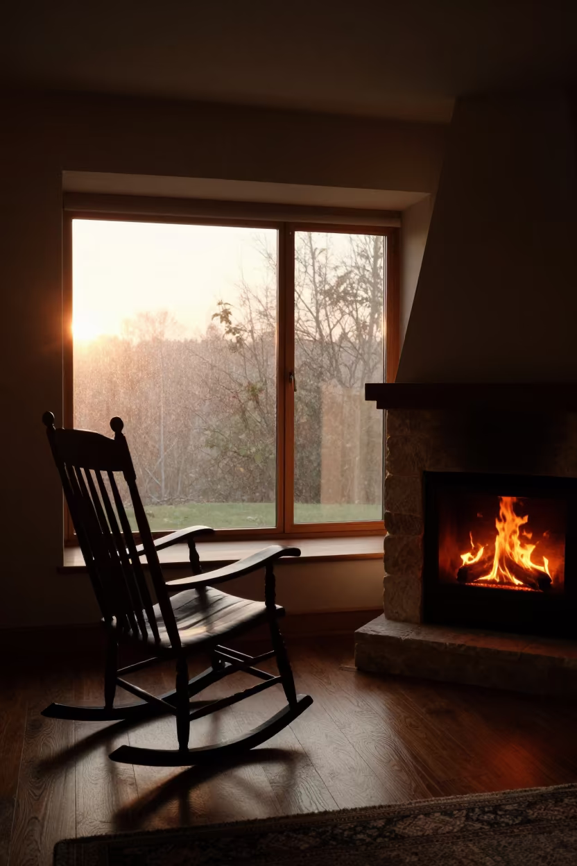 Silhouetted Rocking Chair by Fireplace in Daura in on a window seat in Daura