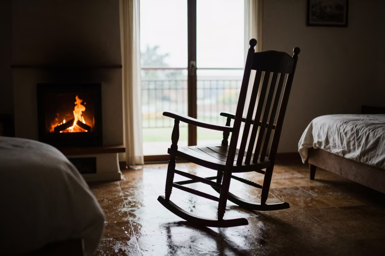 Silhouetted Rocking Chair by Fireplace in Luanda Bedroom in in a candlelit bedroom near Luanda