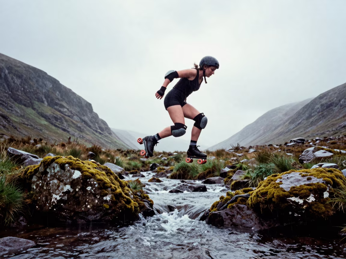 Silhouetted Roller Derby Jammer Glacial Stream in above a glacial stream in Northern Ireland