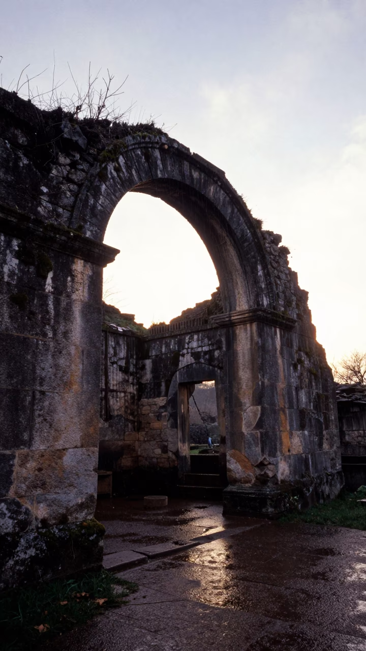 Silhouetted Roman Bathhouse Ruin in Winter Drizzle in beneath a broken stone arch in Corsica