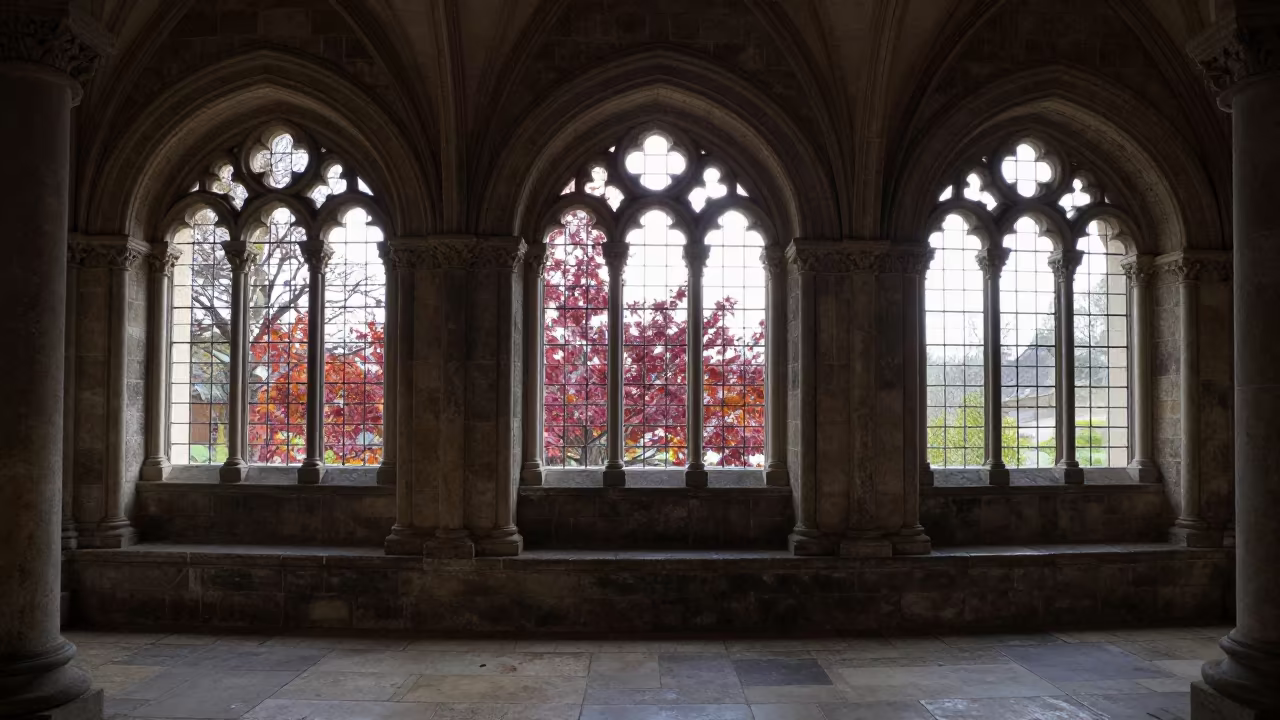 Silhouetted Romanesque Cloister in Autumn Abbey in inside a candlelit abbey nave in Rennes