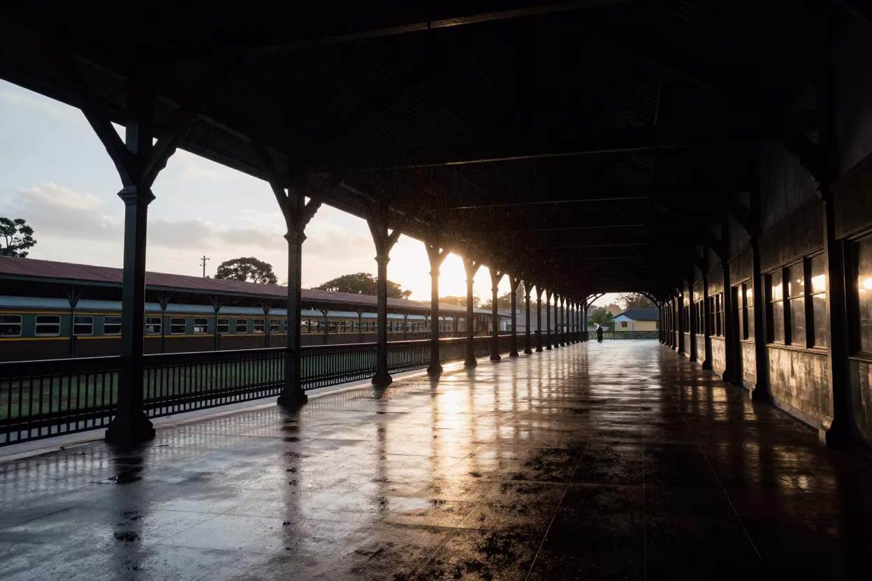 Silhouetted Roof Terrace Under Timber Trusses in inside a restored train terminal in Mombasa