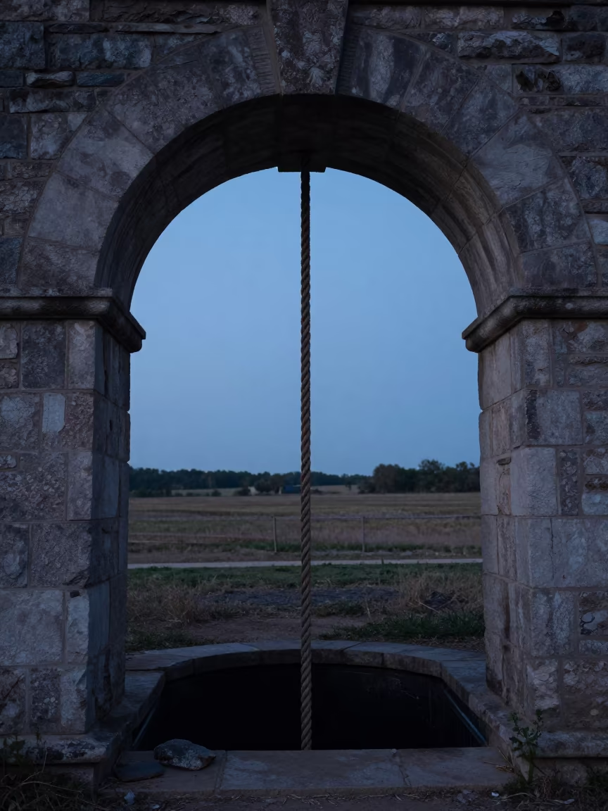 Silhouetted Rope Descending Into Dark Missouri Cistern in beneath a broken stone arch in Missouri