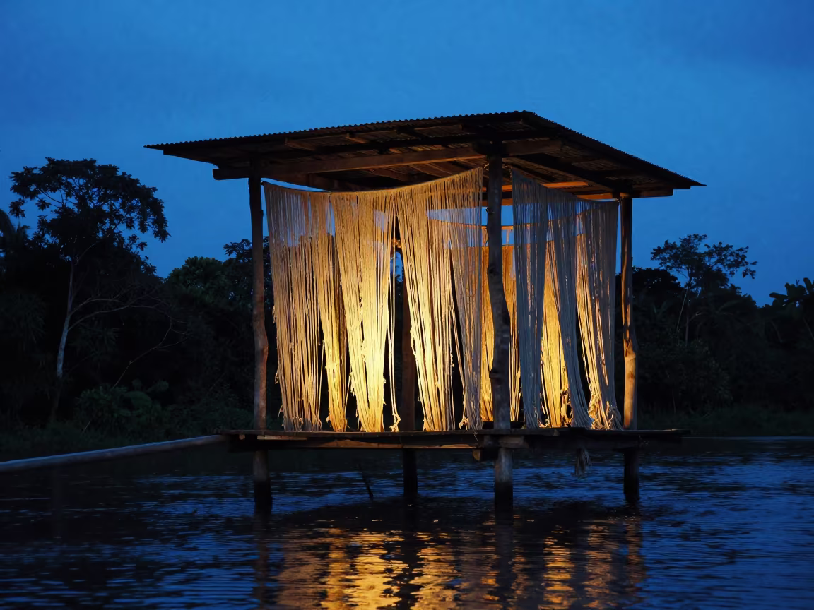 Silhouetted Ropewalk Amid Shredded Curtains in Amazon Rain in in the Amazon