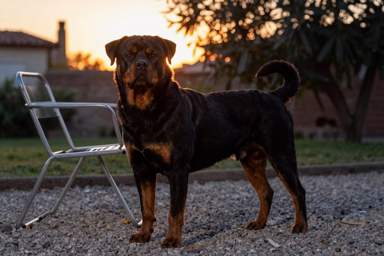 Silhouetted Rottweiler at Garden Edge in near a garden edge with soft morning light and an uncluttered background near Santiago