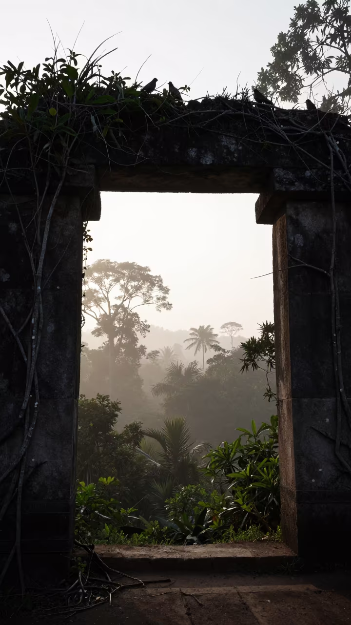 Silhouetted Ruin in Amazon Dawn Mist in beneath a broken stone arch in the Amazon