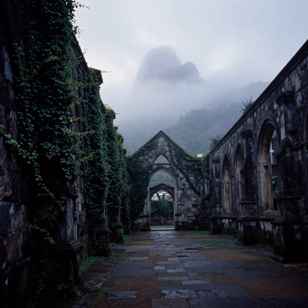 Silhouetted Ruin Cloister in Rio Fog in along a vine-choked corridor in Rio de Janeiro state