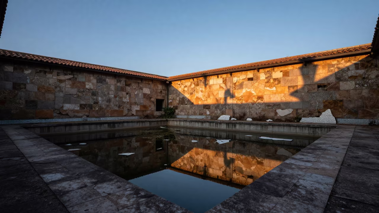Silhouetted Ruined Pool in Roofless Galician Hammam in inside a roofless hammam in Galicia