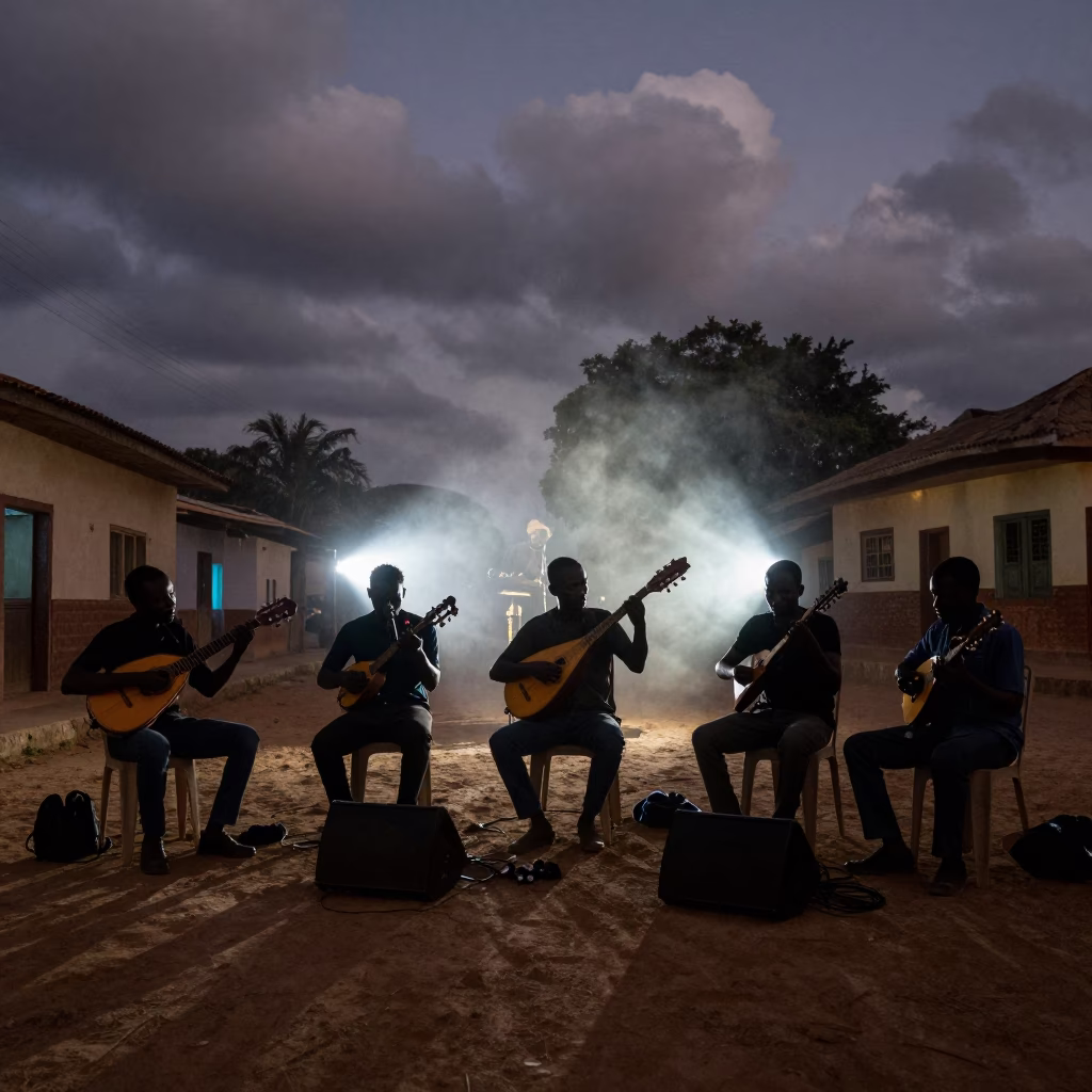Silhouetted Russian Folk Musicians in Cabinda Night in at a street corner busking spot in Cabinda