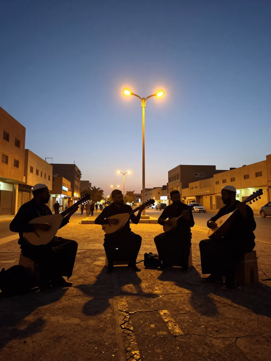 Silhouetted Russian Folk Musicians Omdurman Street Corner in at a street corner busking spot in Omdurman