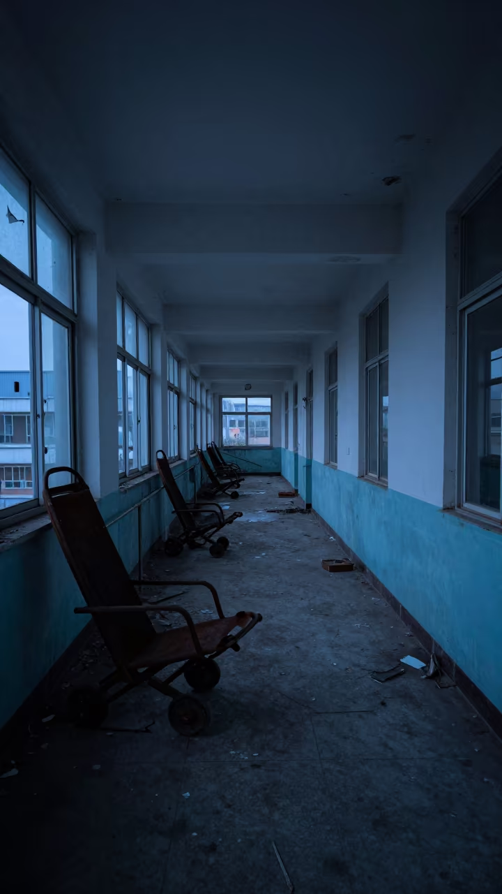Silhouetted Rusting Gurneys in Gwangju Hospital Corridor in along a ward corridor with broken glass and falling plaster in Gwangju