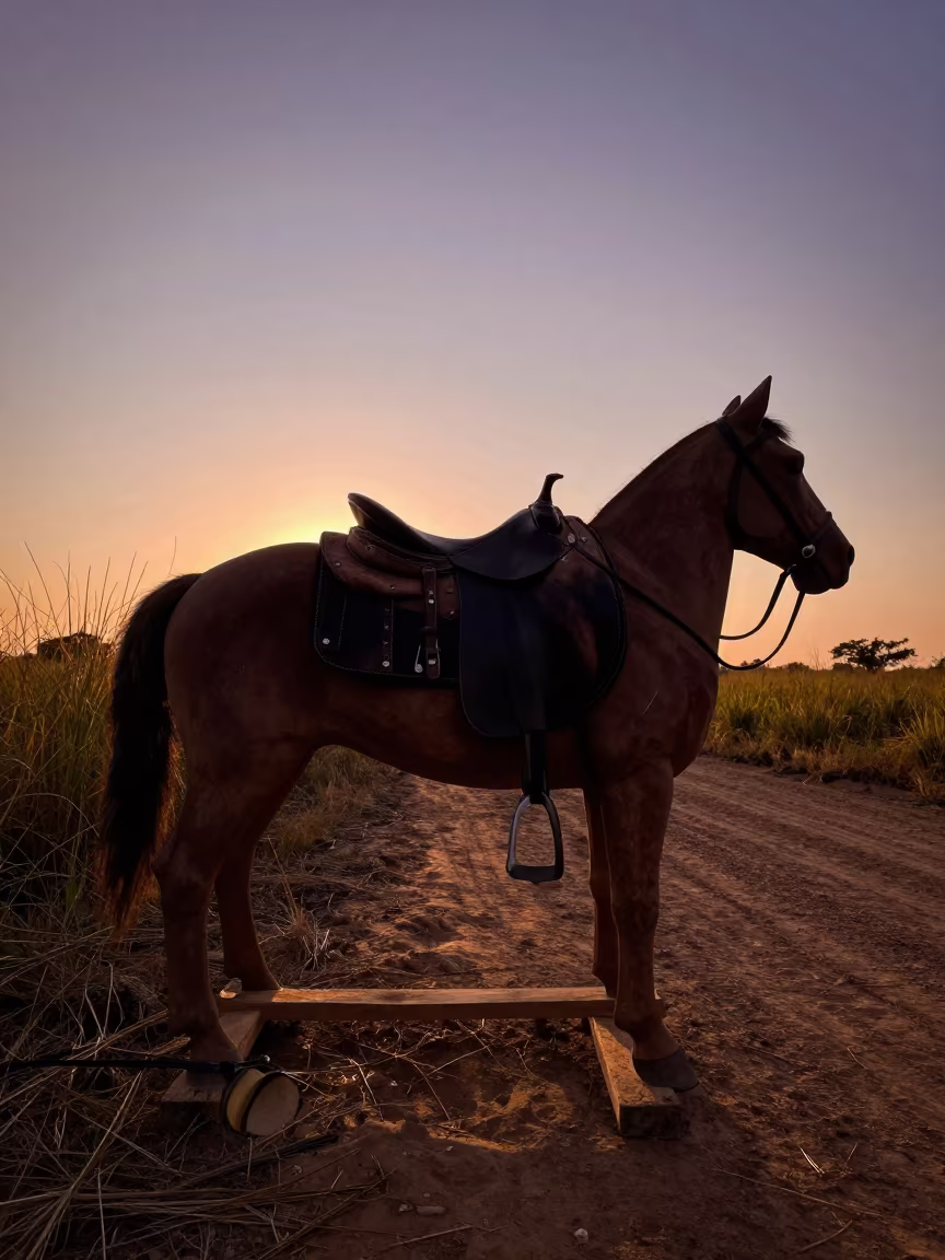 Silhouetted Saddler Stitching Leather at Twilight in along a game trail near Tabou