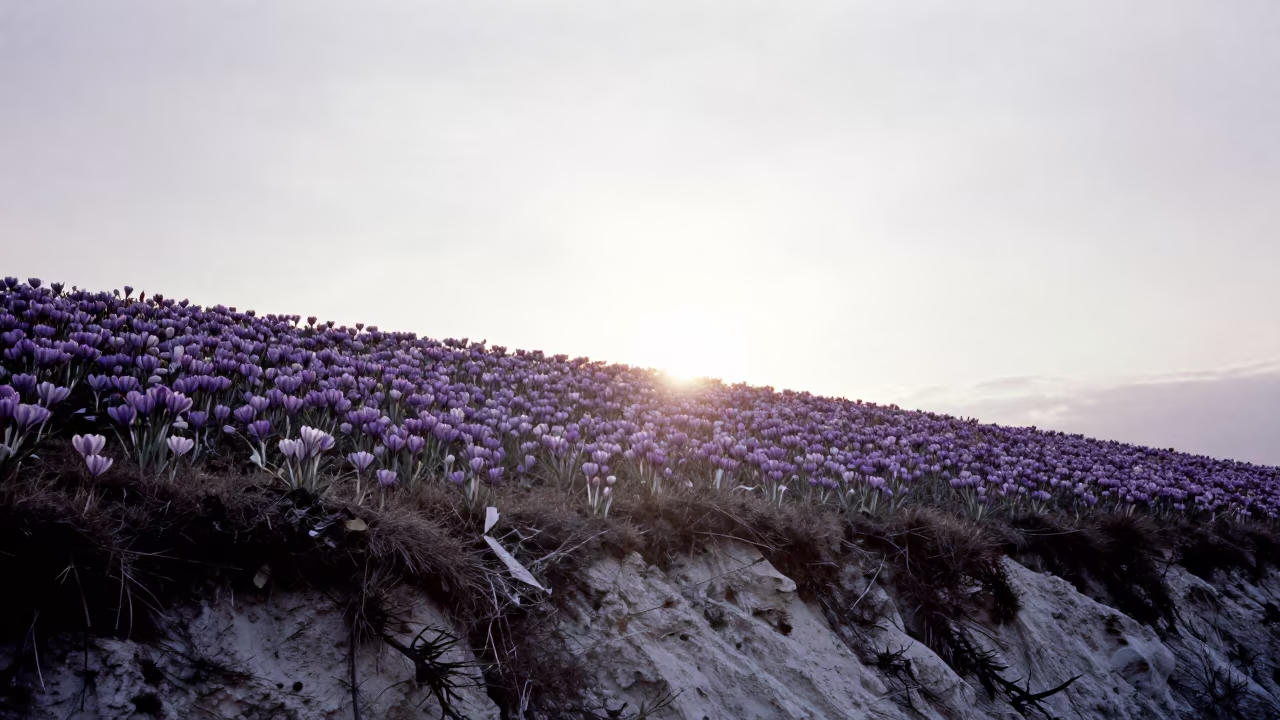 Silhouetted Saffron Crocus Field Cliff Edge in along a salt-sprayed cliff edge near Denizli