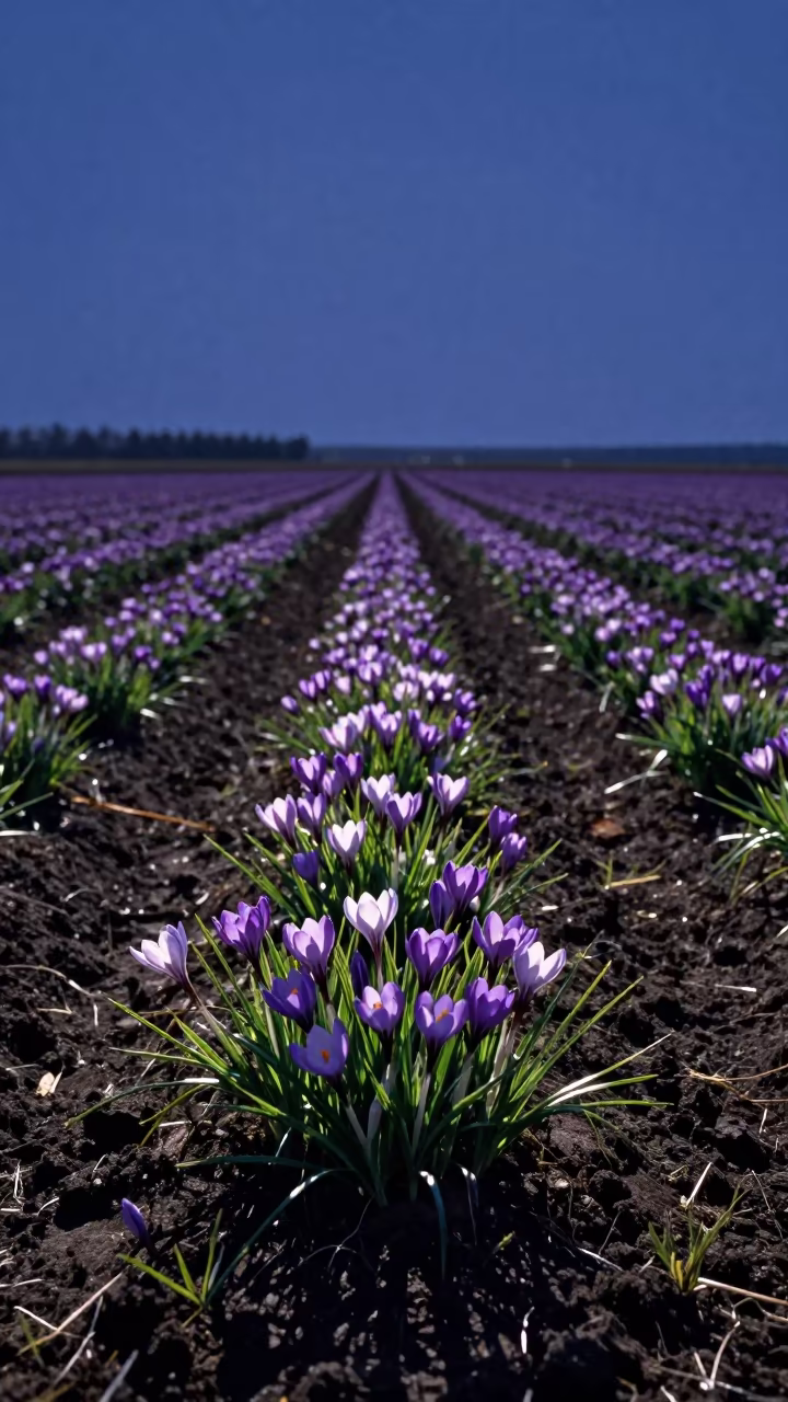 Silhouetted Saffron Crocus Harvest at Twilight in along freshly irrigated rows in Siberia