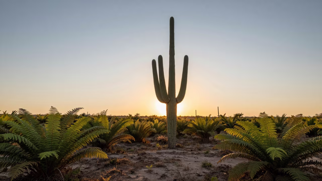 Silhouetted Saguaro Against Golden Sunset Sky in on a fern-lined forest floor in Cappadocia