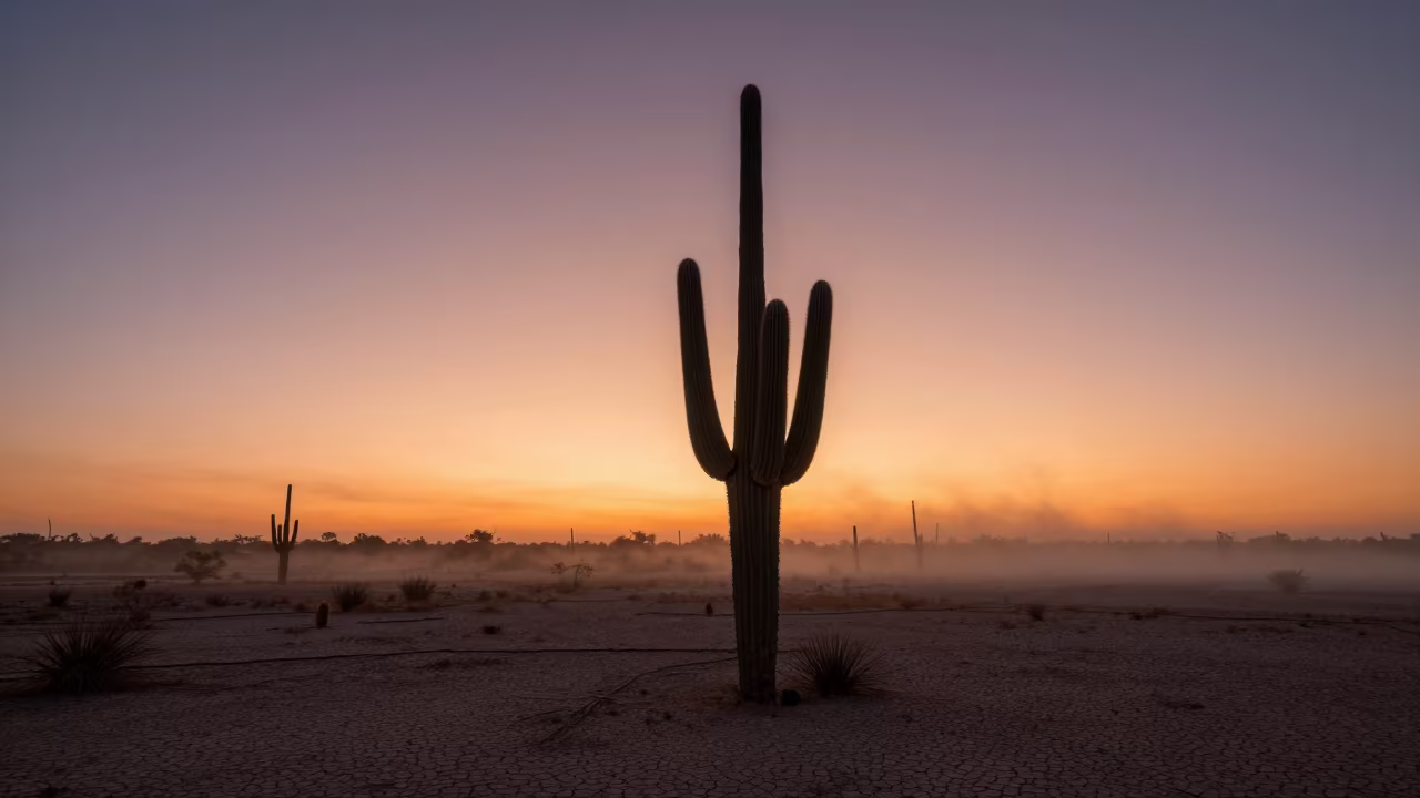 Silhouetted Saguaro Against Winter Sunset Fog in in Lombardy