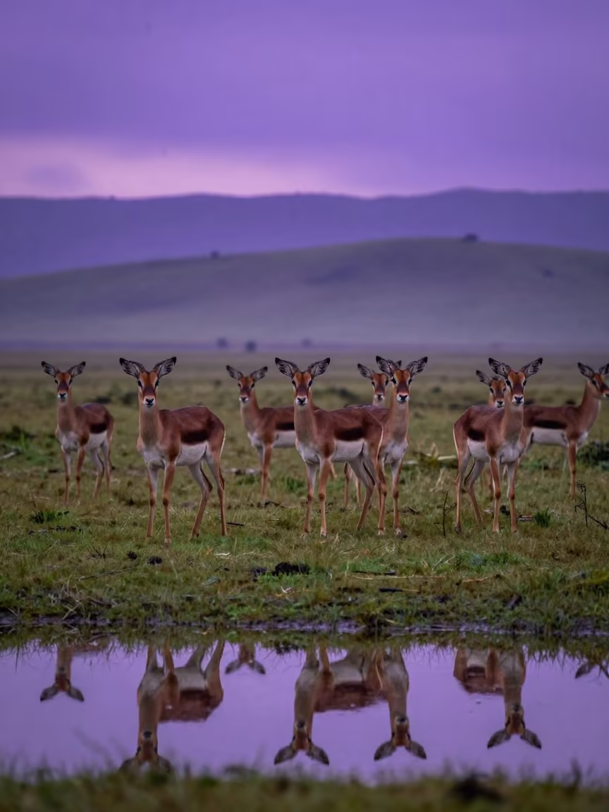 Silhouetted Saiga Antelope Herd at Twilight on Steppe in from a ridge above layered foothills near Vadodara