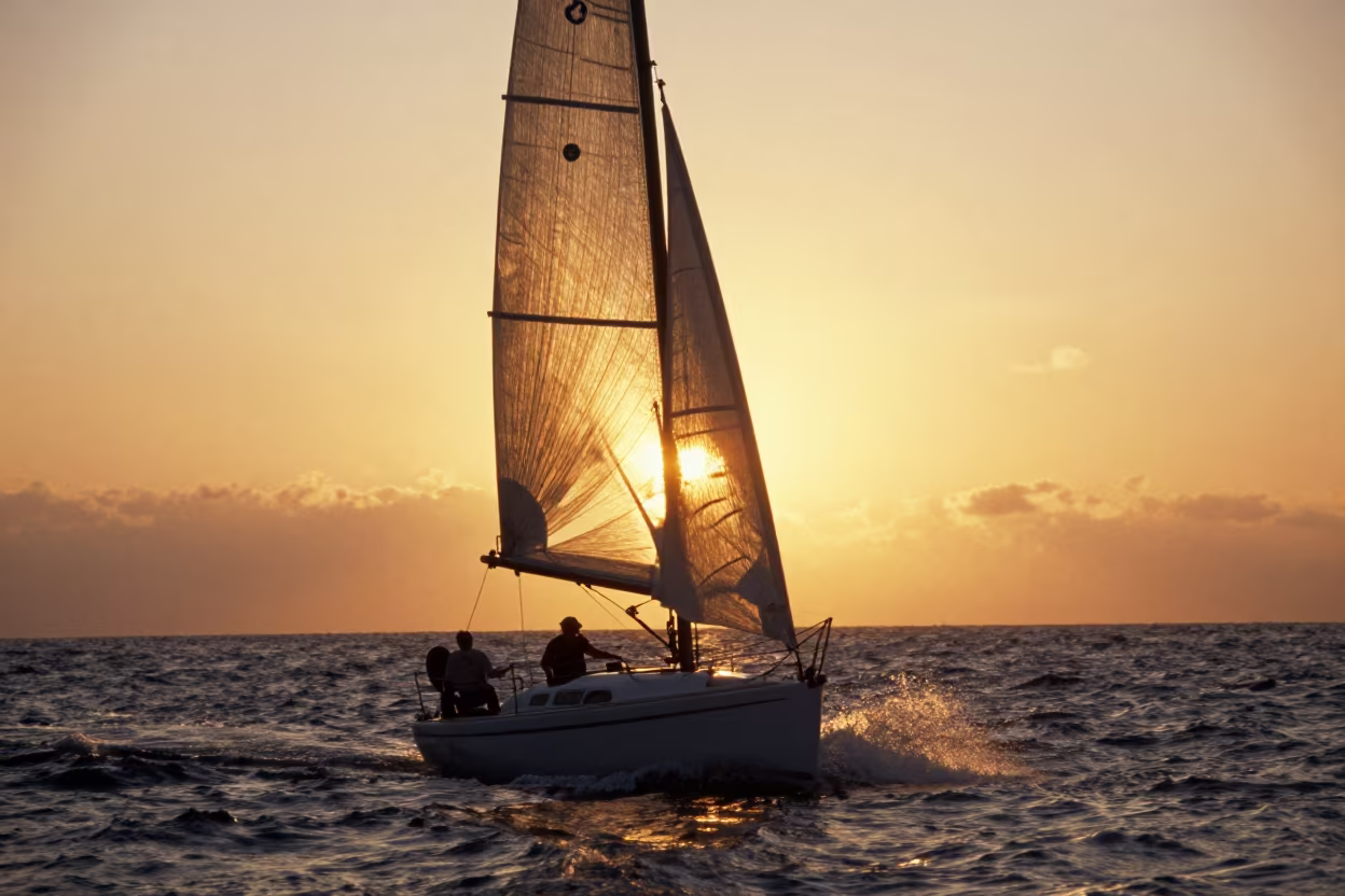 Silhouetted Sailboat Tacking at Sunset Near Yola in near Yola