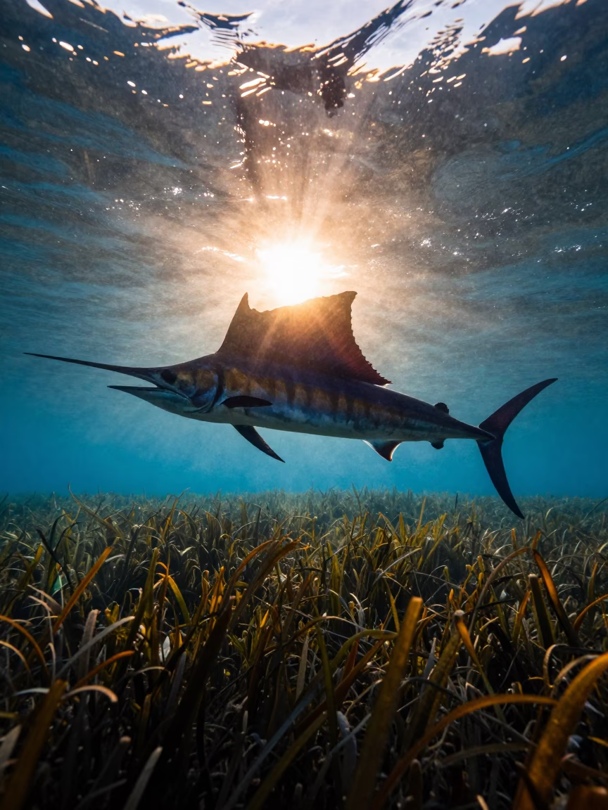 Silhouetted Sailfish Over Sardinian Seagrass at Sunset in above a seagrass meadow in Sardinia
