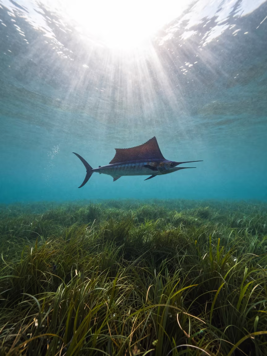 Silhouetted Sailfish Slashing Through Bait Ball in above a seagrass meadow in Kerala