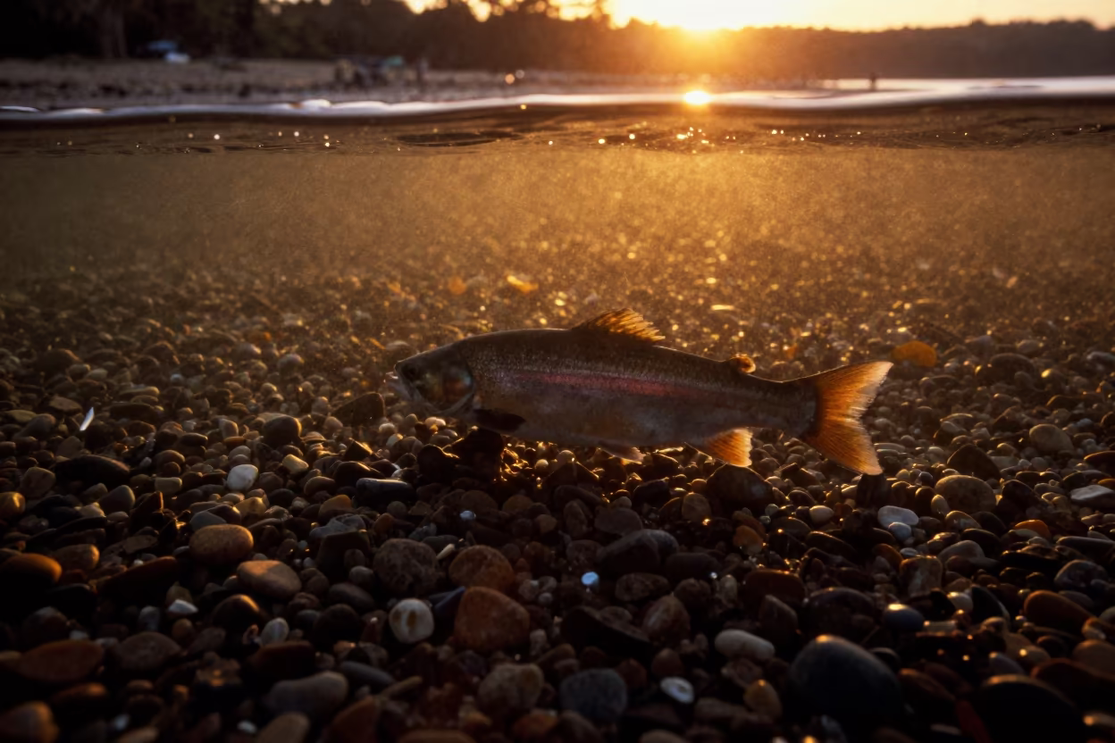 Silhouetted Salmon in Shallow Gravel at Golden Hour in beside a tidal inlet near Escuintla