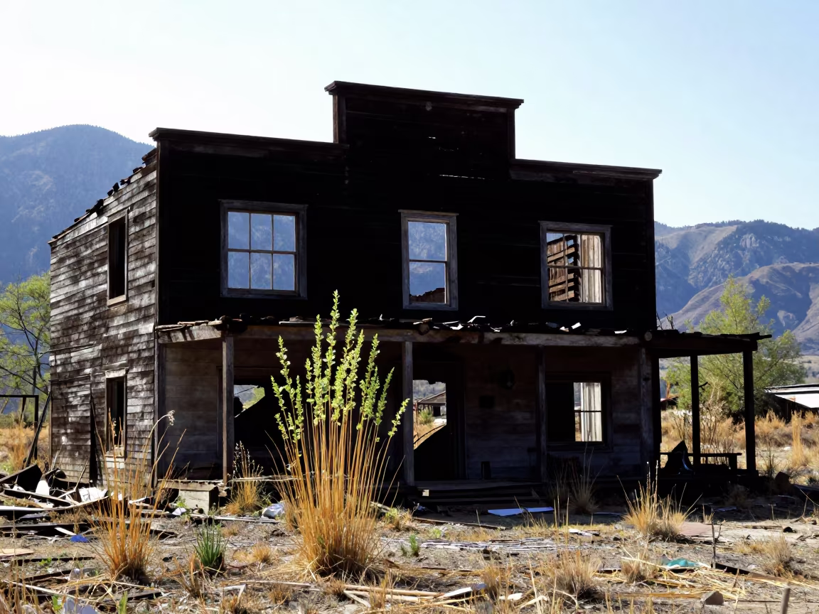 Silhouetted Saloon Ruin in Spring Light in through a courtyard reclaimed by grasses near Sialkot