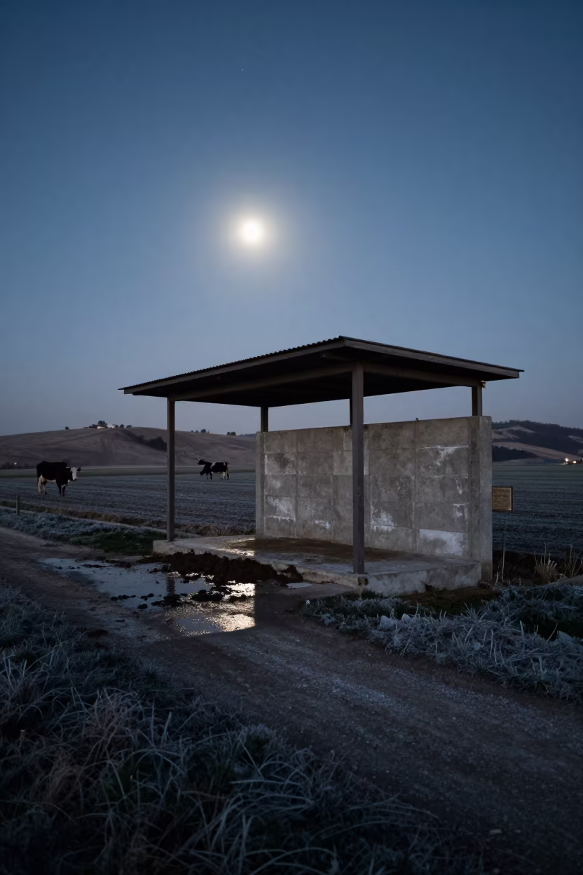 Silhouetted Salt Block Station in Umbrian Winter Night in along a feedlot lane in Umbria