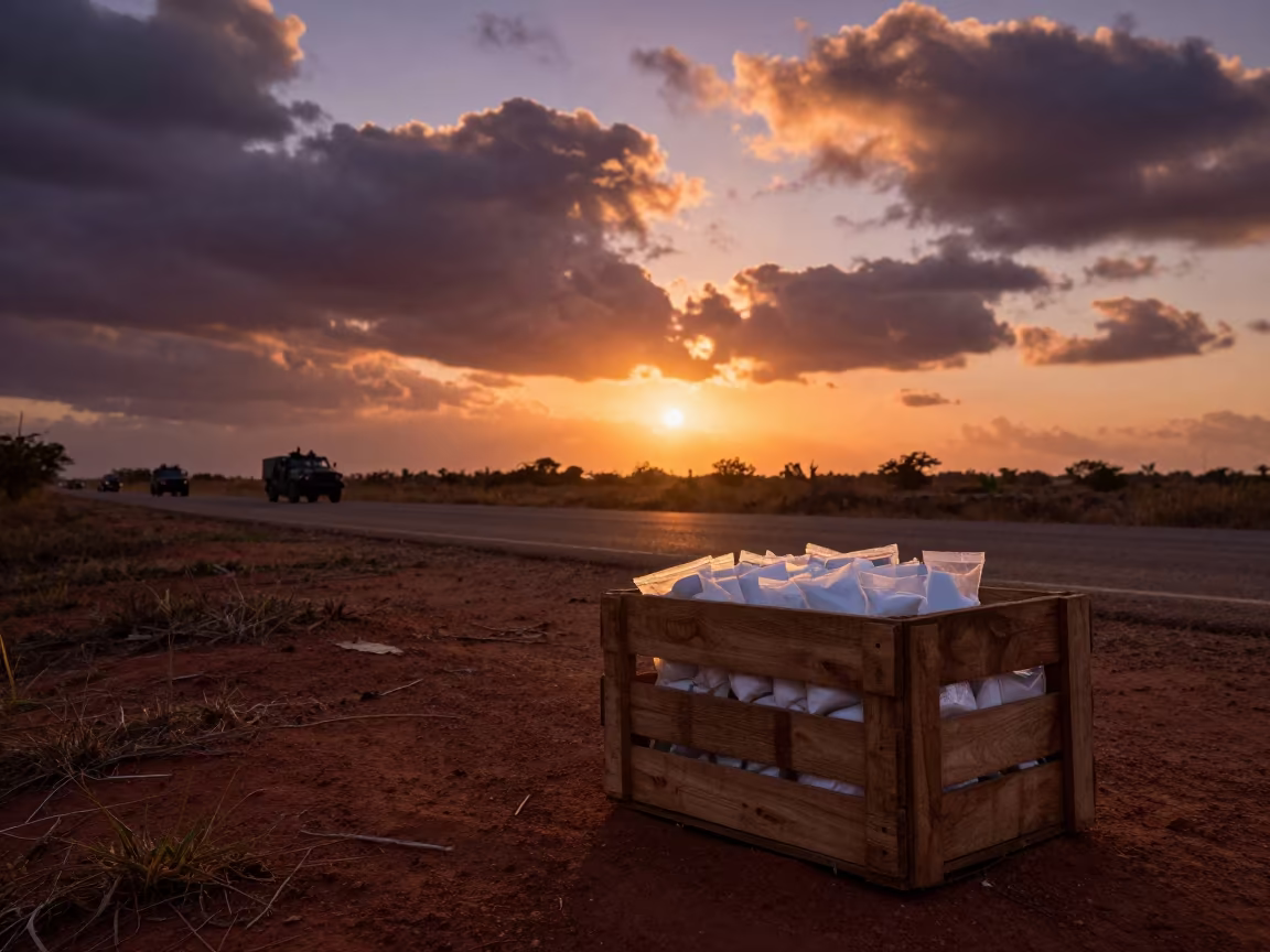 Silhouetted Salt Crate at Haiti Convoy Sunset in beside a convoy halt on open ground in Haiti